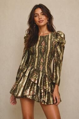 LoveShackFancy NWT Greenwich Gold Floral Mini Dress XS